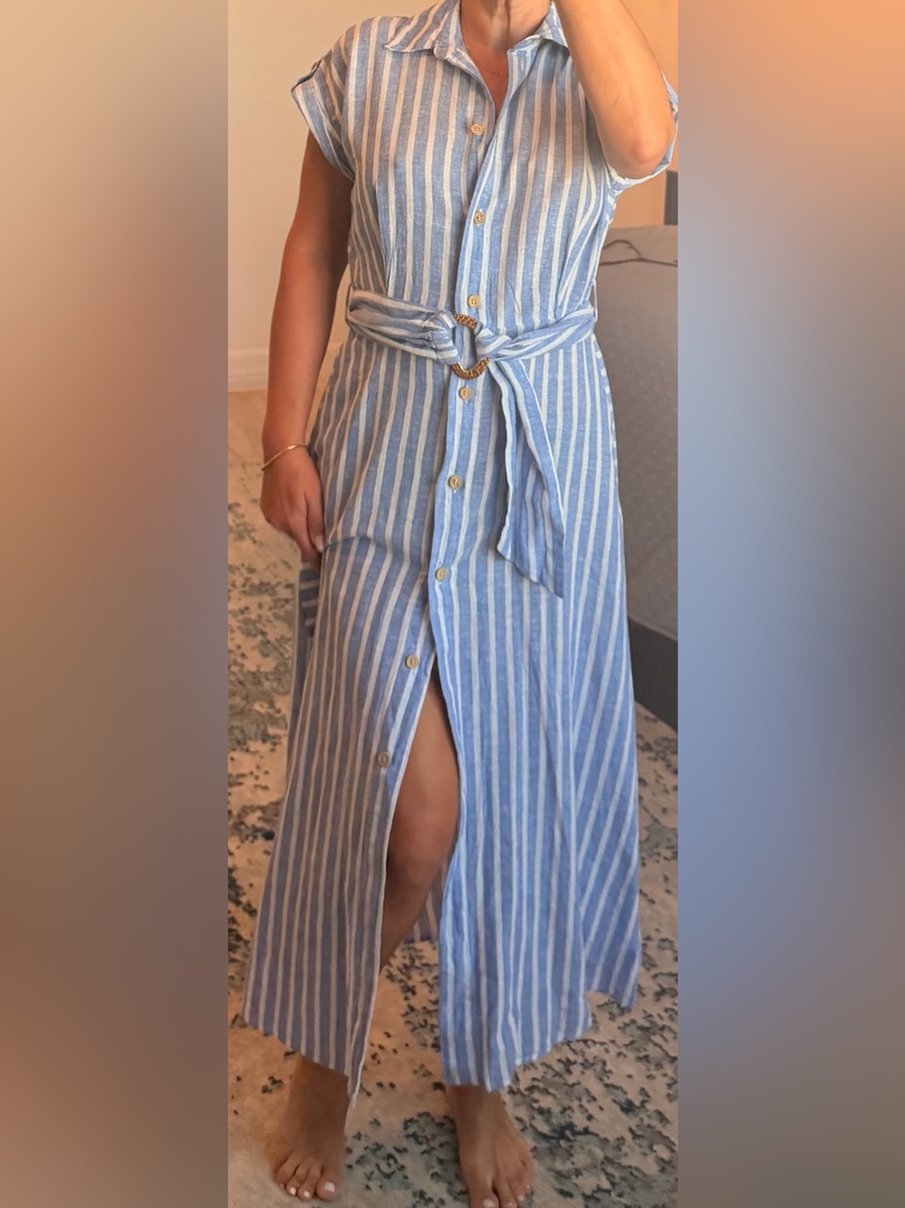 Zara Striped Linen-Blend Shirtdress/S